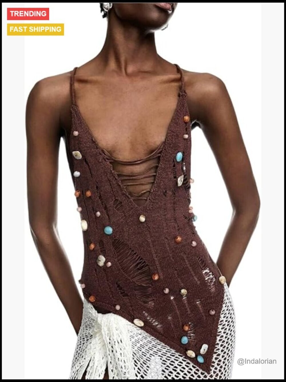 Crochet Beaded Halter Tank Top Boho Frayed Backless Summer